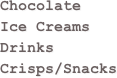 Chocolate
Ice Creams
Drinks
Crisps/Snacks